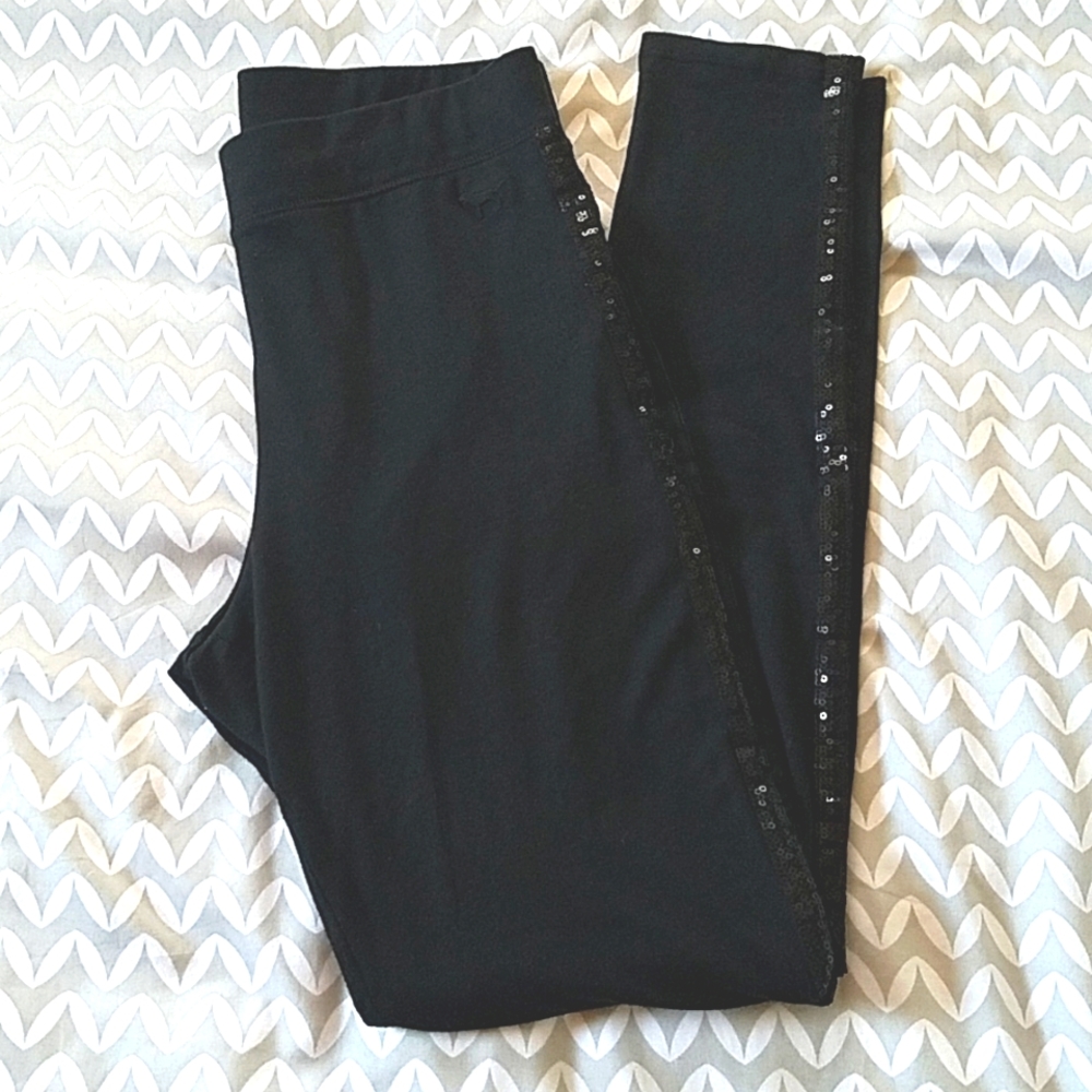 PINK Victoria's Secret Black Sequin Trim Leggings